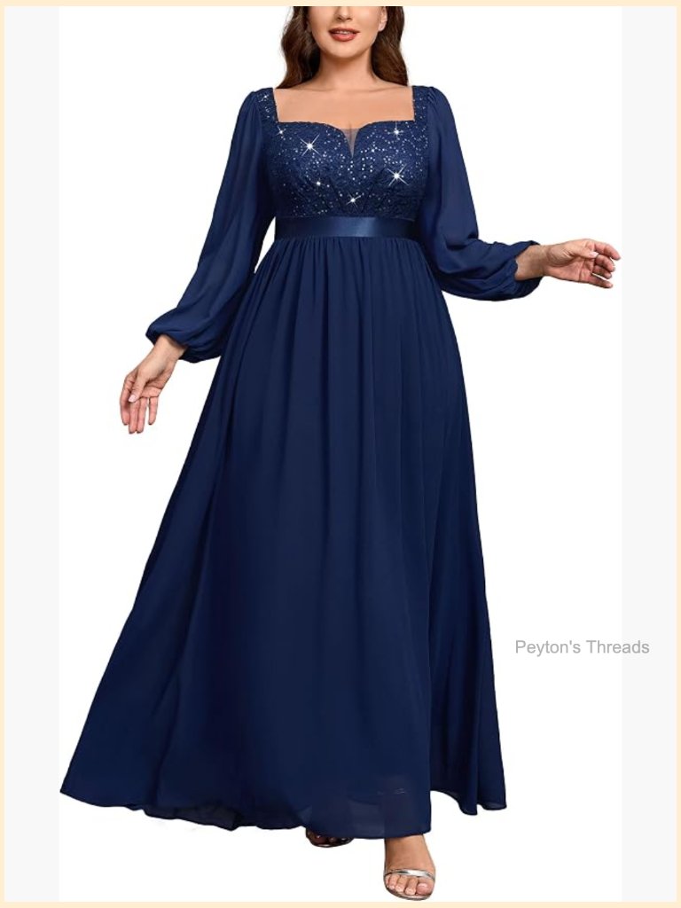 Plus Size Sequin Lace Square V-Neck Sheer Long Sleeves Formal Maxi Dress